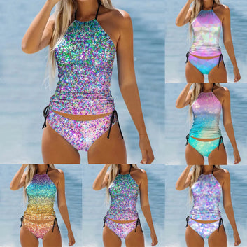 Women's Star Print Tankini Swimsuit Set with Board Shorts in Gradient Design
