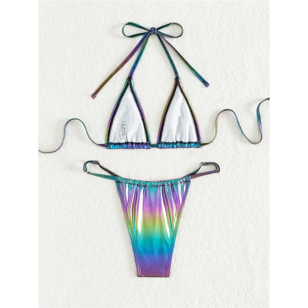 XS - L PU Faux Leather Halter High Leg Cut Bikini Female Swimsuit Women Swimwear Two-pieces Bikini set Bather Bathing Suit V5308 - The Genie Store