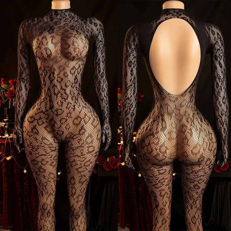 Fishnet Jumpsuit Hot Backless Sexy For Women Ultra-thin Summer Body Stocking Long Sleeve Mesh Lingerie Leotard Cosplay Jump Suit