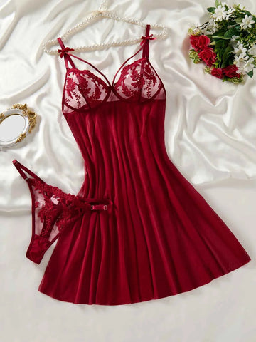 Ladies' wine red countryside style wheat ear embroidery semi transparent nightgown, elegant and comfortable, bow design
