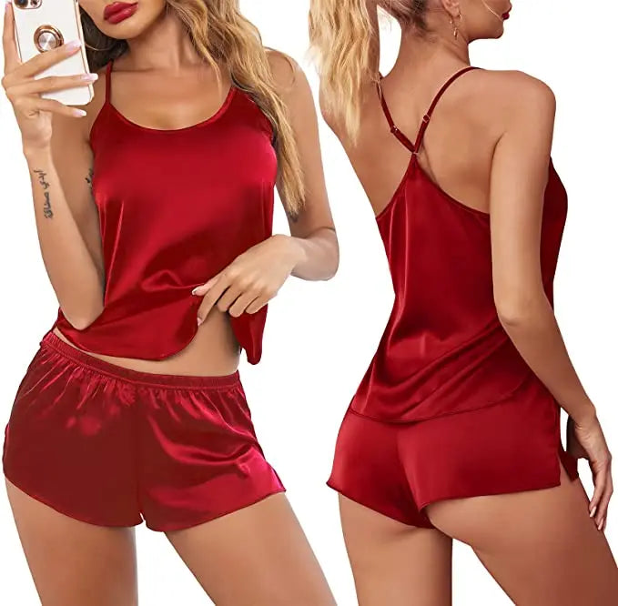 Women's Sleepwear Sexy Lace Satin Pajama Sets Nightwear Sleeveless Tops+Shorts 2 Pcs Sets Pyjama Sets For Women Pijama - The Genie Store