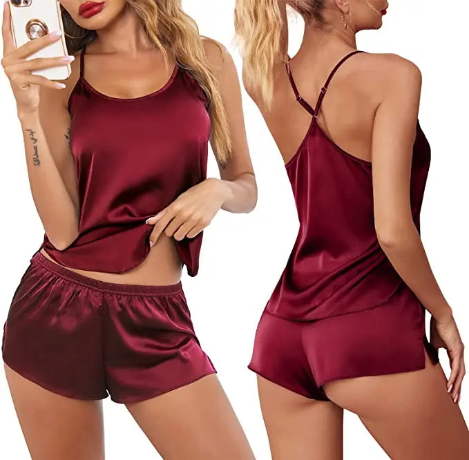 Women's Sleepwear Sexy Lace Satin Pajama Sets Nightwear Sleeveless Tops+Shorts 2 Pcs Sets Pyjama Sets For Women Pijama - The Genie Store