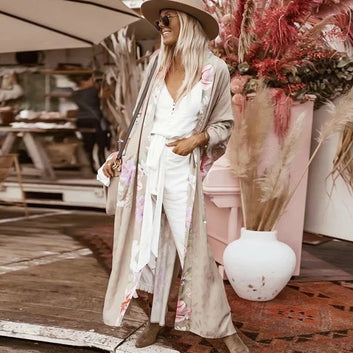 Happie Queens Boho Kimono Robe with Vintage Peacock Floral Print and Batwing Sleeves for Women