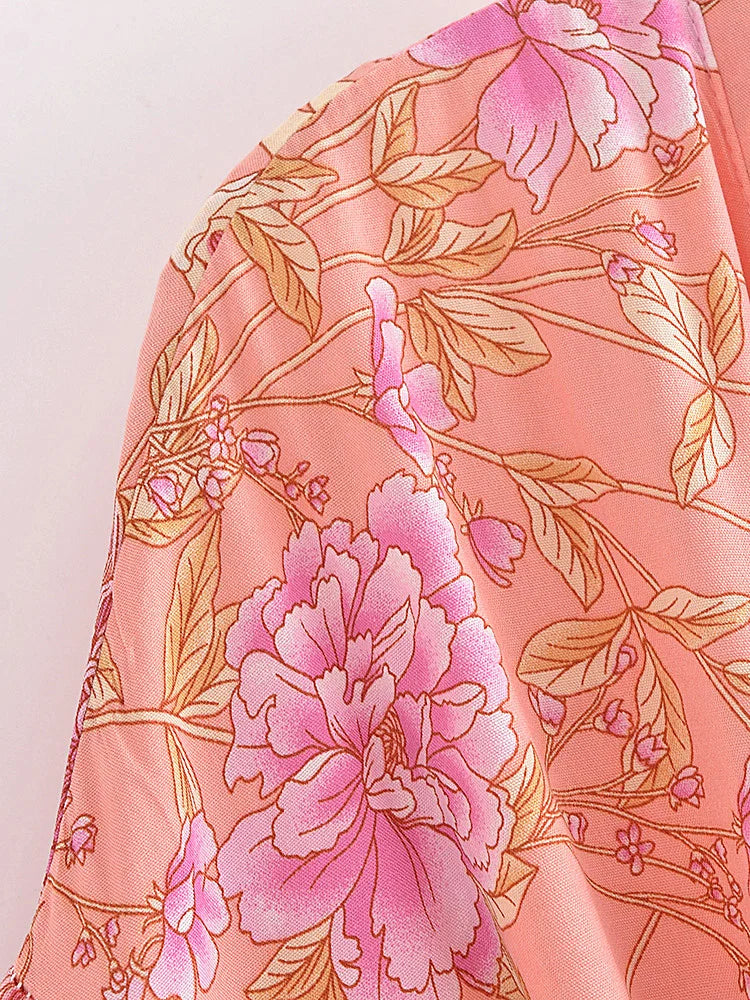 Vintage Chic Women Pink Floral Print Sashes Bohemian Kimono Ladies V Neck Batwing Sleeves Rayon Boho Robe Bikini Cover-ups - The Genie Store
