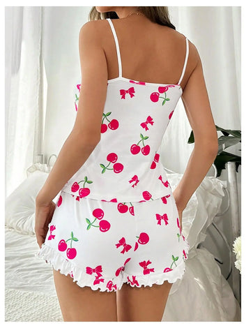 Summer New Women's Pajama Set Breathable Soft Casual Print Cami Top and Ruffle Shorts Sweet Home Strap Shorts Pajamas ﻿