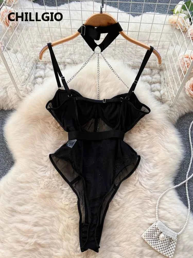CHILLGIO Sexy Women Chain Strappy Bodysuits Fashion Chic Streetwear Catsuit Combination Lingerie Halter Mesh Combination Rompers - The Genie Store