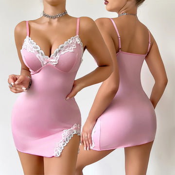 Summer hot Women Nightdress Seductive Pink Deep V Sleeveless Fashion Lace Sleep Pajamas Dress Ladies Lingerie Nightgown Homewear