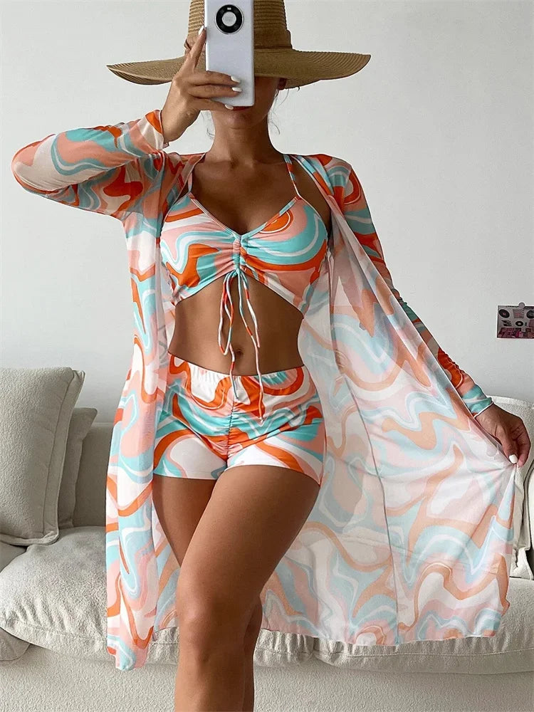 Women's Fashion Draw Rope Swimsuit Print High Waist Long Sleeve Smock Split Three Piece Bikini Set Swimwear - The Genie Store