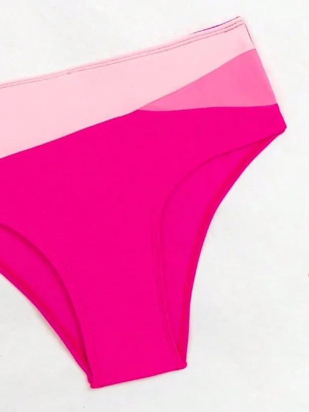 Women's Rose Red Patchwork High-Waist V-Neck Bikini Set - The Genie Store