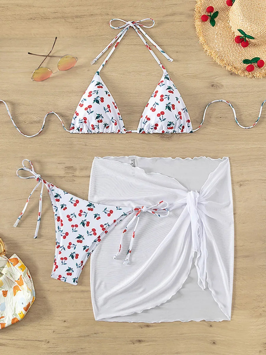 With Mesh Sarong Skirt Cherry Printed Bikini Female Swimsuit Women Swimwear Three Pieces Bikini Set Bathing Suit Swim Beachwear - The Genie Store