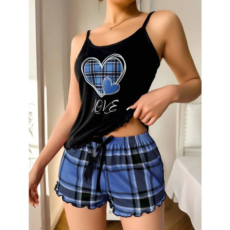 Women Sexy Suspender Shorts Thin Pajamas Letter Print Plaid Shorts Large Pajamas Romantic Home Wear Sexy Nightwear Short Pajama - The Genie Store