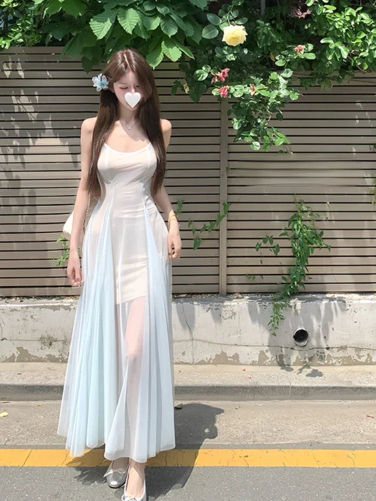 Korean Style Sweet Women's Mesh Backless Suspender Dress Summer New Fashion Y2K Party Women Waist Up Vacation Style Midi Dress - The Genie Store