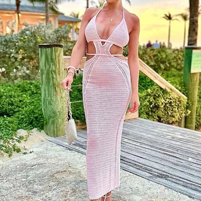 Sexy Style Hollow Out Backless Tie Up Dress Women Beach Vacation Beachwear Cover Up Knitting Sun Bathing Sunscreen Long Dress