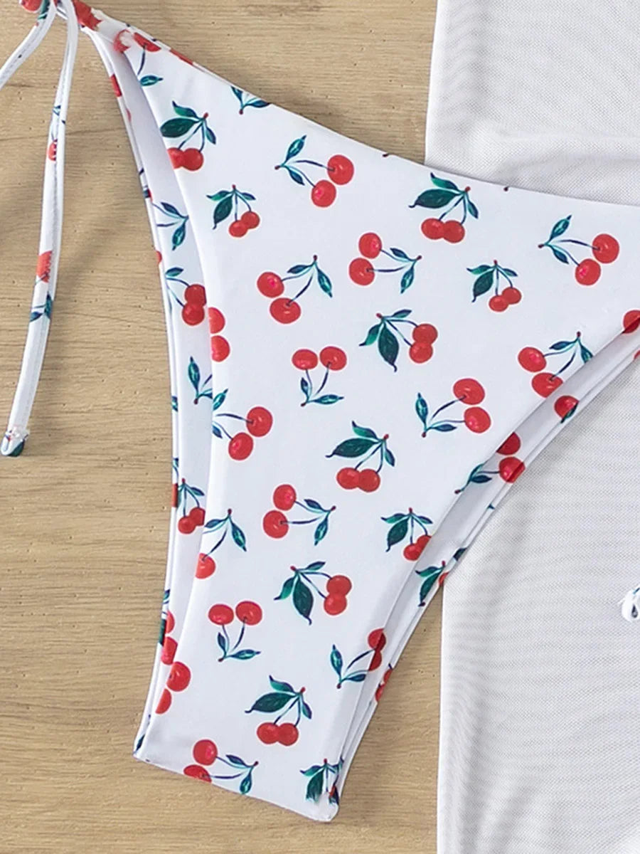 With Mesh Sarong Skirt Cherry Printed Bikini Female Swimsuit Women Swimwear Three Pieces Bikini Set Bathing Suit Swim Beachwear - The Genie Store