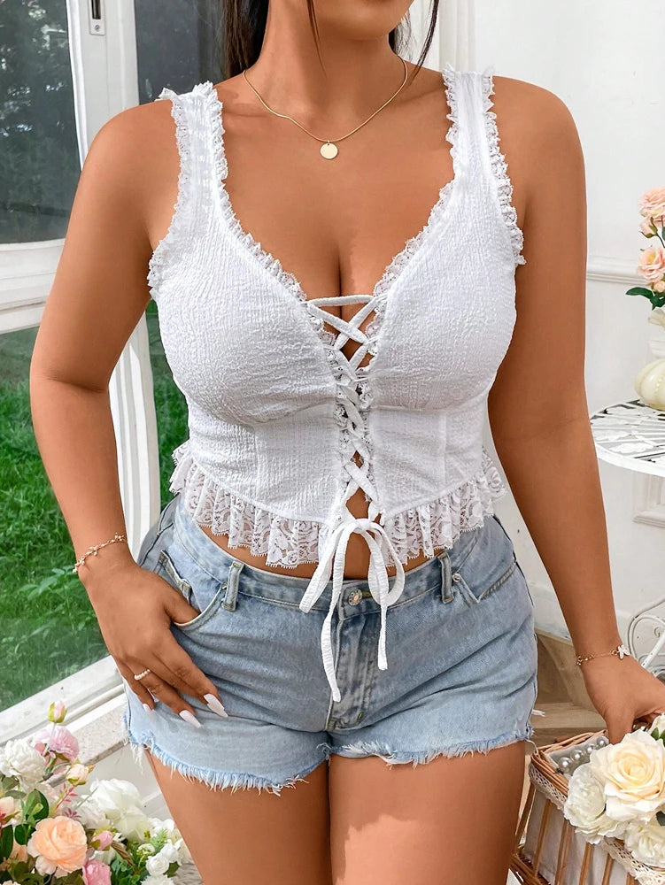 Plus Size Women's Lace Lingerie Spaghetti Strap Vest Camisole Top Women's Sexy Deep V Neck Slim Tight Y2K Sleeveless Tank Top - The Genie Store