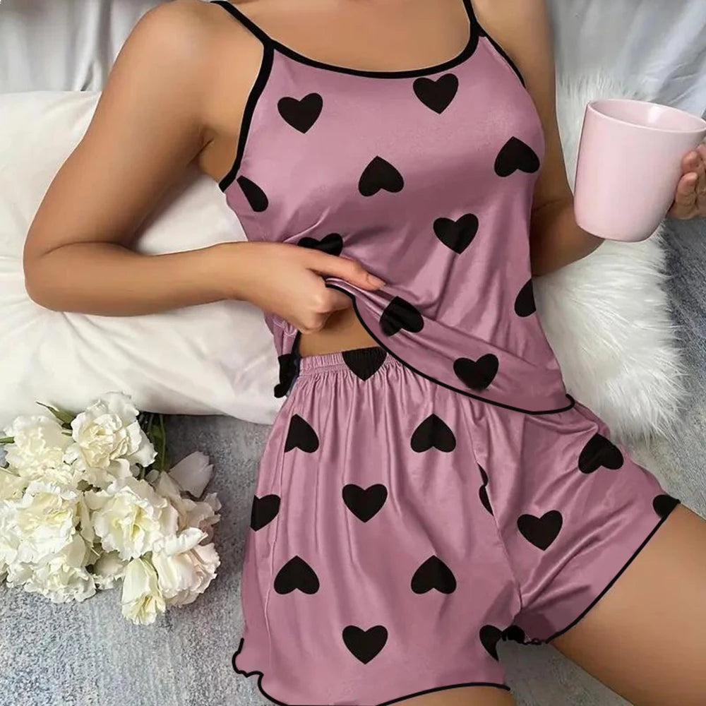Women's Pajama Set Pajamas T-Shirts Shorts Pink Heart-Shaped Print Round Neck T-Shirt Ice Silk Top Comfortable Casual Summer ﻿ - The Genie Store