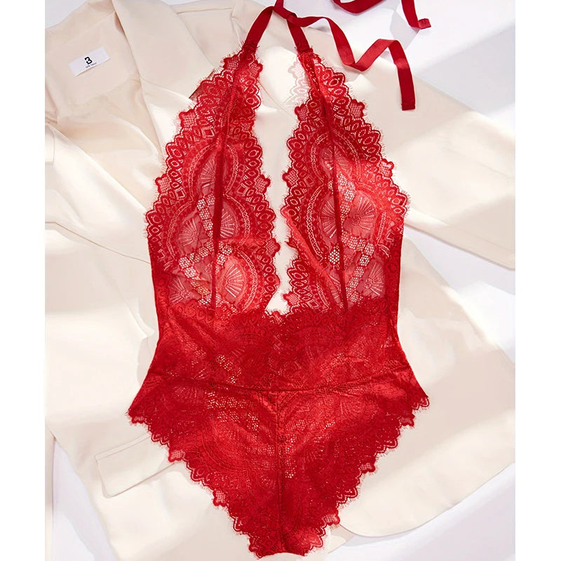 Sexy Lace Women's Clothing Bodysuit Woman 2024 New Collection Deep V Perspective Backless Underwear One-piece Corset Hot Costume - The Genie Store