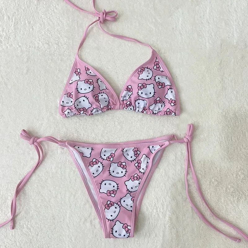 Hello kitty Cute Sexy Bikinis Set Print Bikini Swimsuit Women Swimwear Beachwear Lingerie Girls Elasticity Slips on Vacation - The Genie Store