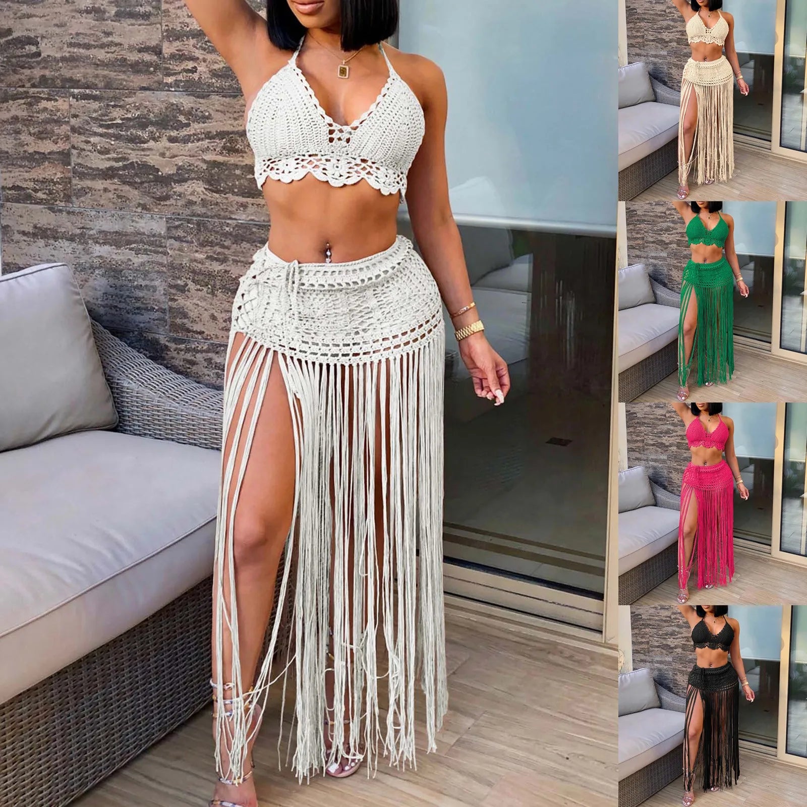 Women'S Two Piece Swimsuit Beach Cover Up Fashion Solid Colour Knitted High Waist Tassel Long Skirt Swimsuit Cover Up Bikini - The Genie Store