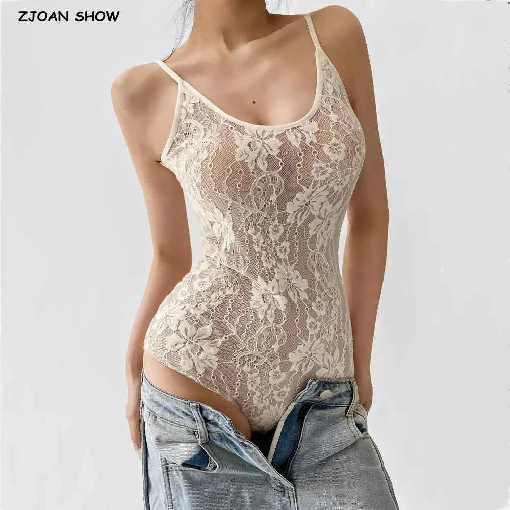 Sexy See Through Lace With Lining Backless Spaghetti Strap Bodysuit Woman Sling Tight Short Jumpsuit Slim fit Rompers Playsuits