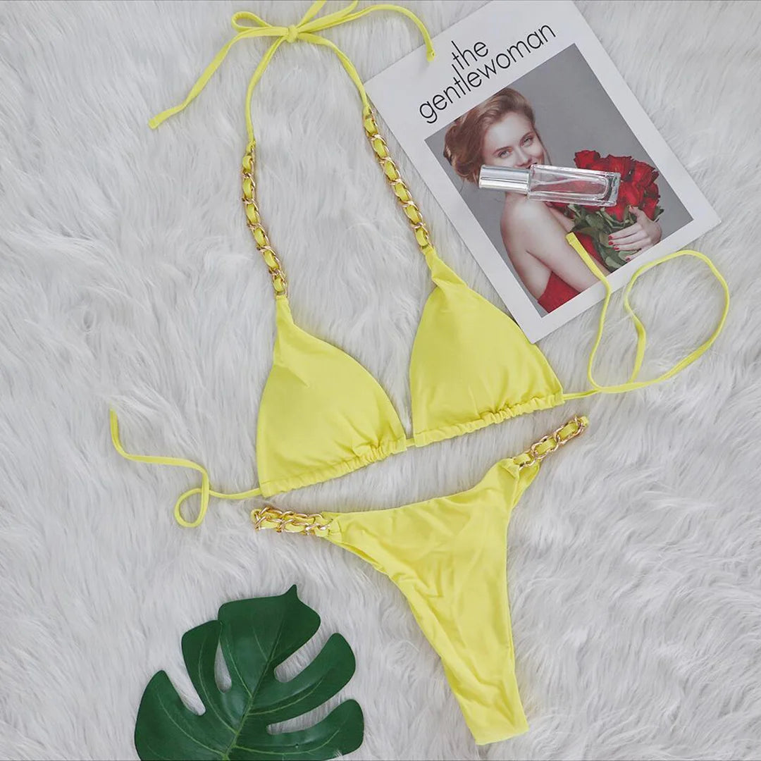 Metal Ring Halter Scrunch Butt Thong Bikini Women Swimwear Female Swimsuit Two-pieces Bikini set Bather Bathing Suit Swim V4391 - The Genie Store