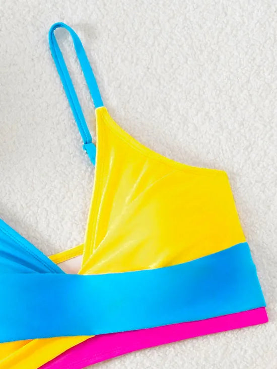 Women's Rose Red Patchwork High-Waist V-Neck Bikini Set - The Genie Store