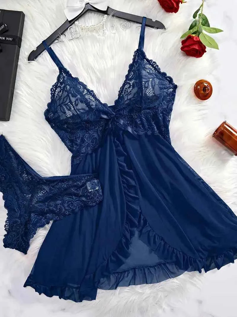 A Set Of Tulle Ultra Sexy Nightgown V-neck Bra Open Sleep Skirt Night Erotic Dress Woman Sheer Pajamas Lingerie Pants Luxury kit
