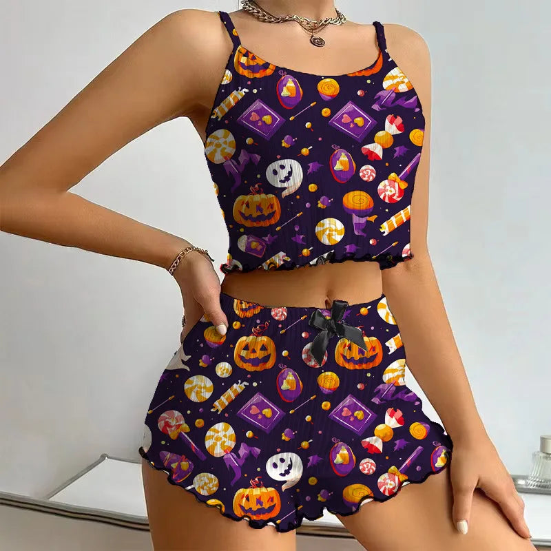 Halloween Pumpkin Print Pajama Set Womens Cute Ribbed Cami Crop Top and Shorts Two Piece Sleepwear Lettuce Hem Y2K Loungewear - The Genie Store