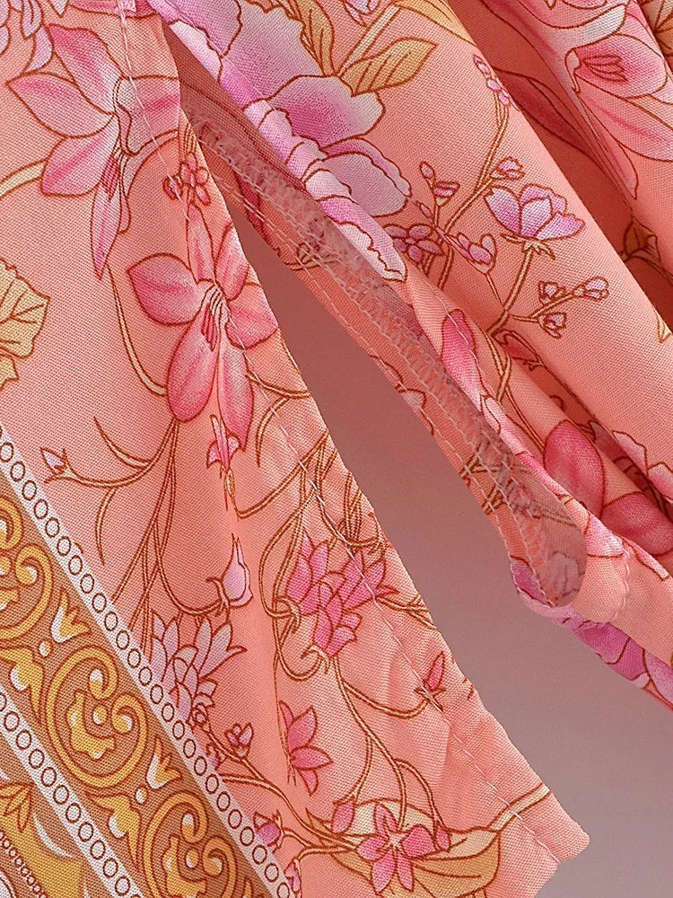 Vintage Chic Women Pink Floral Print Sashes Bohemian Kimono Ladies V Neck Batwing Sleeves Rayon Boho Robe Bikini Cover-ups - The Genie Store