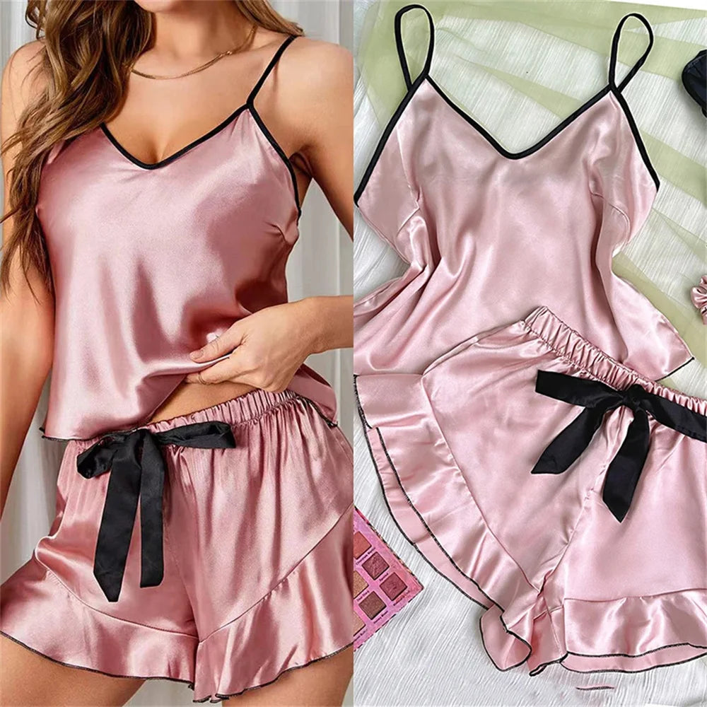 Women's Smooth Satin Pajamas V-Neck T-Shirt Ruffled Edges And Bow Shorts Simple And Breathable Pajama Set Sling Home Clothing - The Genie Store