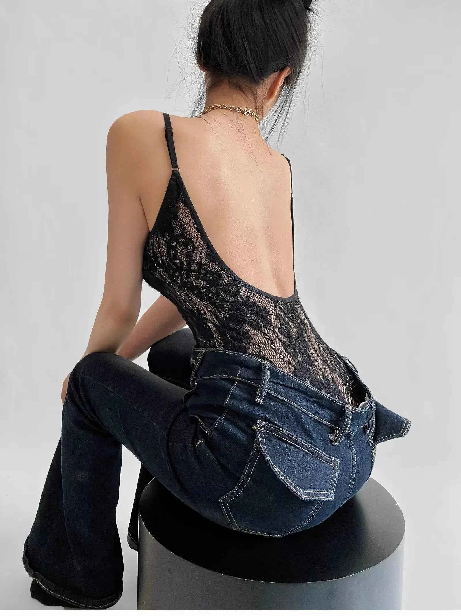 Sexy See Through Lace With Lining Backless Spaghetti Strap Bodysuit Woman Sling Tight Short Jumpsuit Slim fit Rompers Playsuits