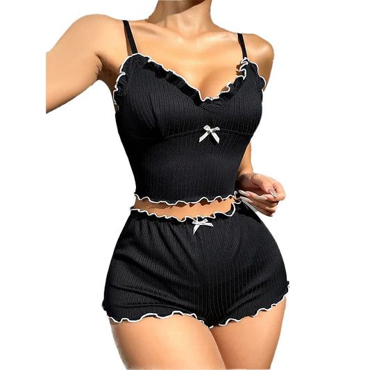Ladies Summer Pajama Set - Two-Piece Ribbed Fabric Black V-Neck Camisole Crop Top and Shorts