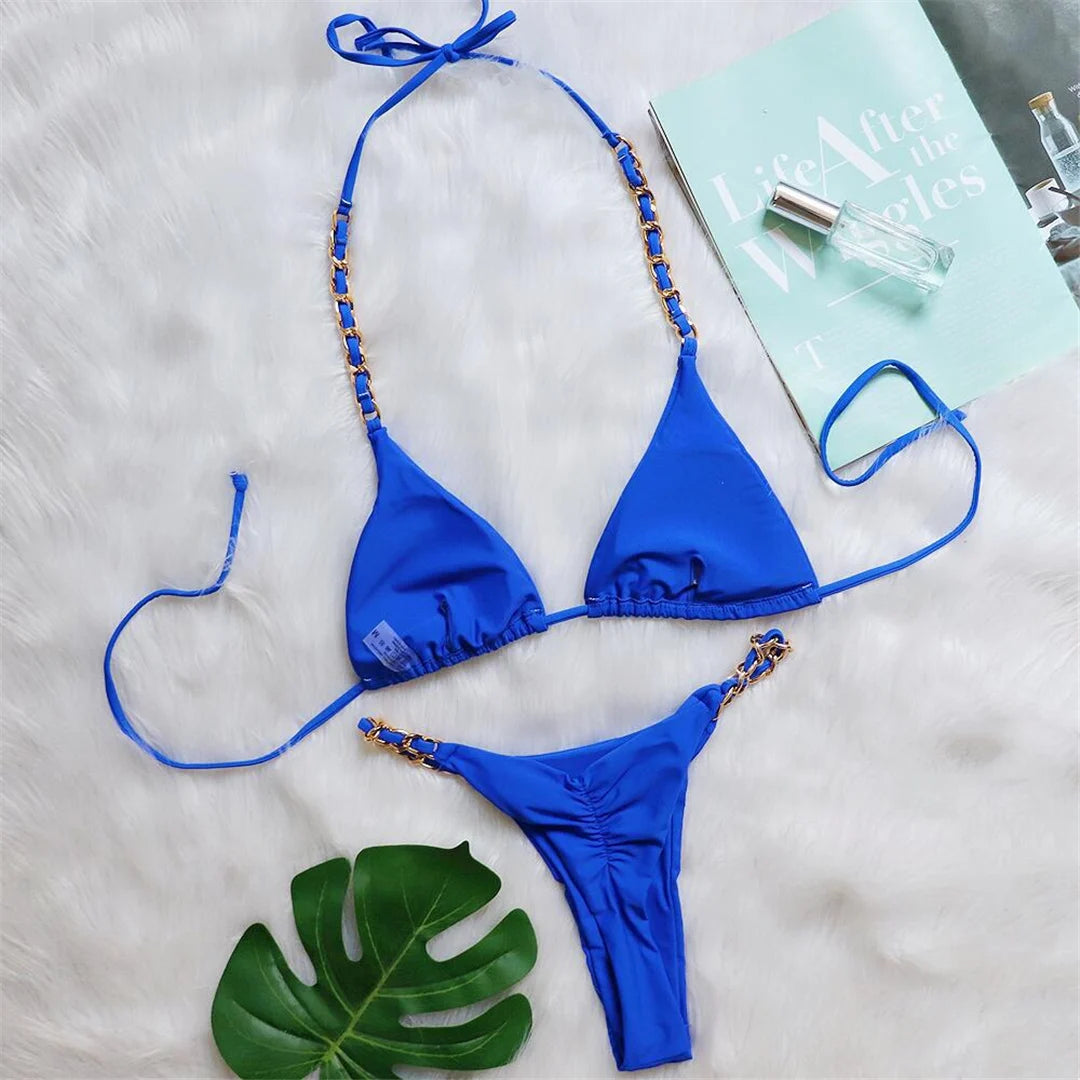 Metal Ring Halter Scrunch Butt Thong Bikini Women Swimwear Female Swimsuit Two-pieces Bikini set Bather Bathing Suit Swim V4391 - The Genie Store