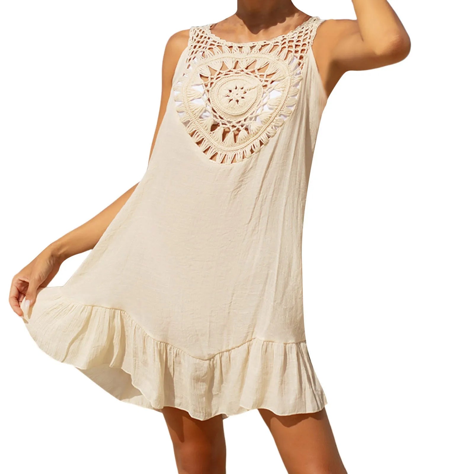 Linen Swim Cover up for Women Women's Swimsuit Smock 2024 Summer Crochet Hollow Knit Swimsuit Beach Dress Swim Dress Women - The Genie Store