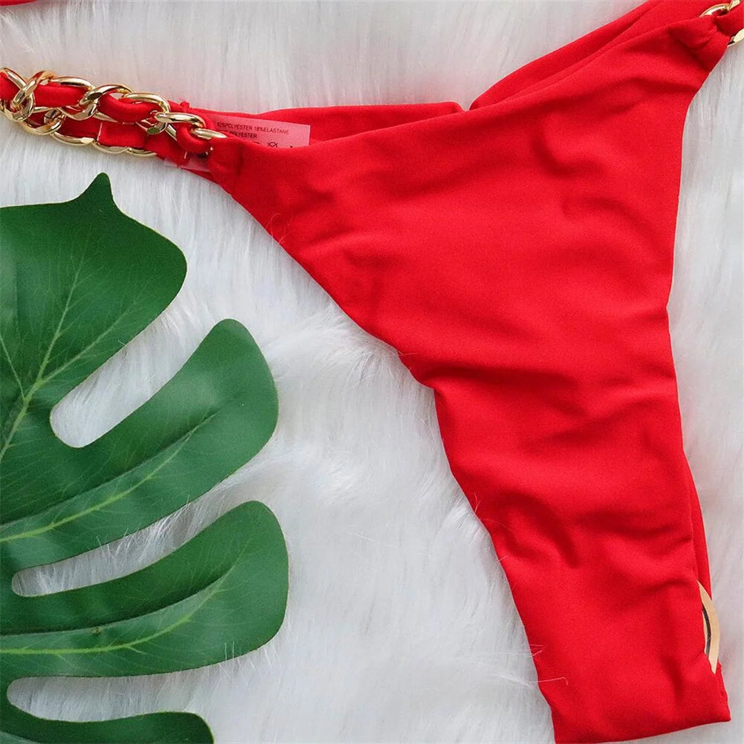 Metal Ring Halter Scrunch Butt Thong Bikini Women Swimwear Female Swimsuit Two-pieces Bikini set Bather Bathing Suit Swim V4391 - The Genie Store