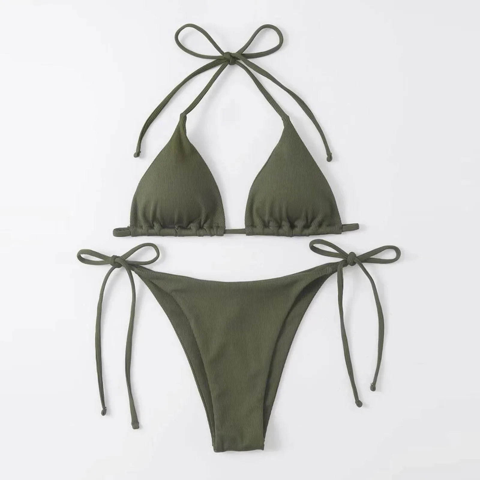 Women Sexy Neck Bikini Solid Color Split With Chest Pads No Steel Bra Swimsuit Biquinis Feminino TendêNcia купальник женский - The Genie Store