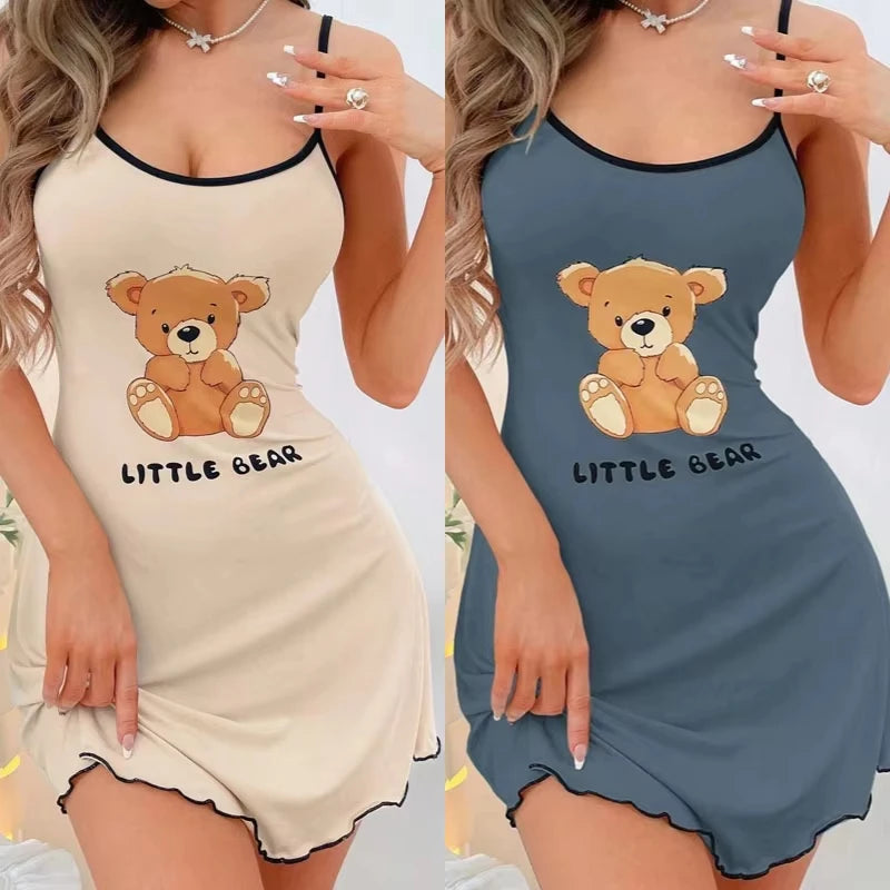 Womens Cute Little Bear Print Cami Nightgown Spaghetti Strap Sleep Dress Mini Lettuce Hem Contrast Trim Loungewear Y2K Style