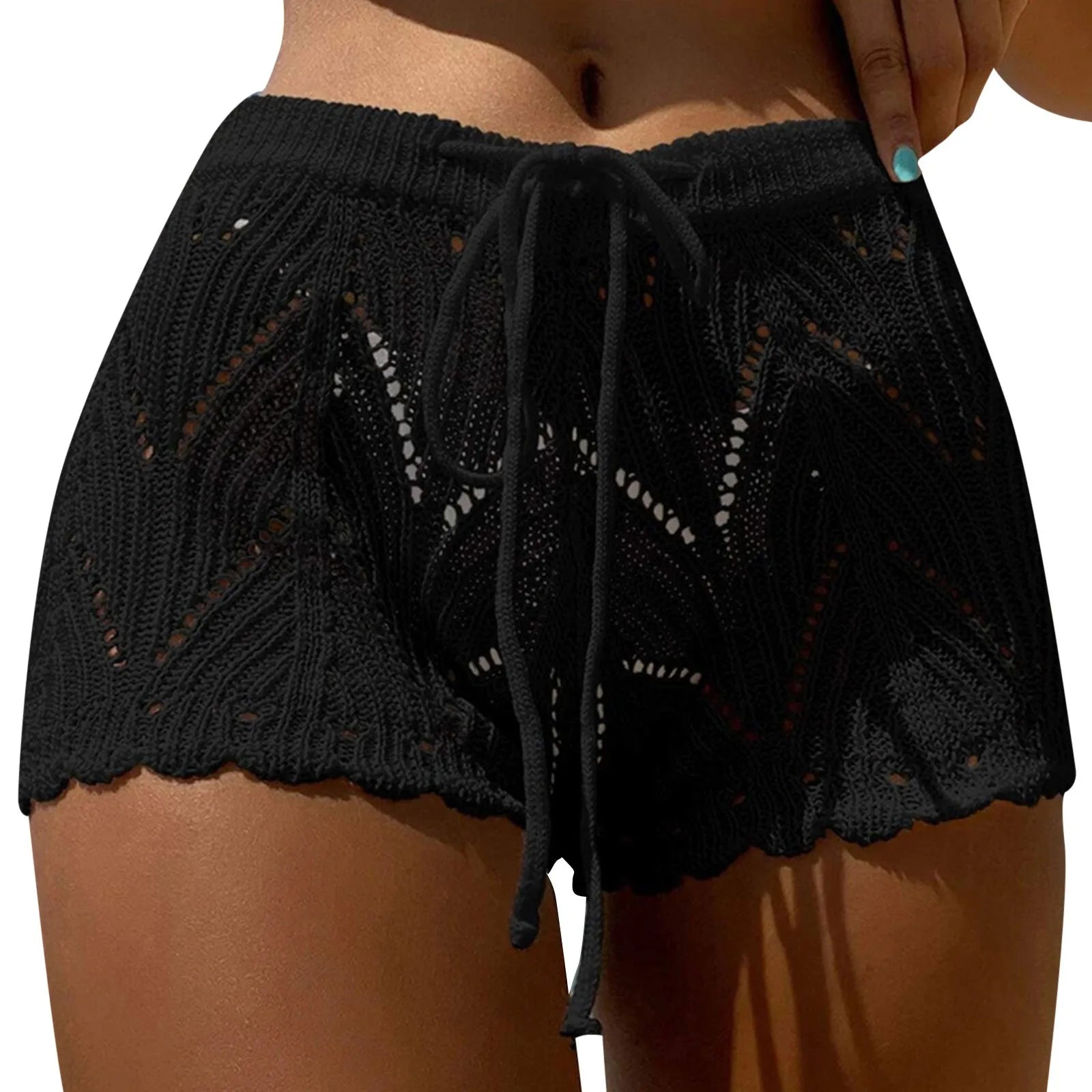 2024 New Hollow Out Crochet Knit Swim Shorts Drawstring Elastic Waist Women Summer Sexy Beach Cover Ups Shorts Swimwear Sarong - The Genie Store