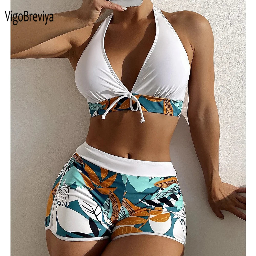 VigoBreviya 2025 Print Tied Halter Swimwear Women Sexy High Waist Push UP Shorts Bikini Set Swimsuit Backless Beach Bathing Suit - The Genie Store