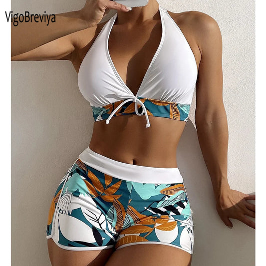 VigoBreviya Sexy High Waist Bikini Set 2025 Print Tied Halter Swimwear Women Push Up Shorts Backless Beach Bathing Suit