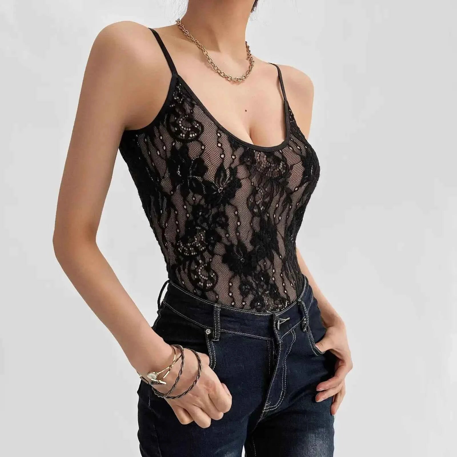 Sexy See Through Lace With Lining Backless Spaghetti Strap Bodysuit Woman Sling Tight Short Jumpsuit Slim fit Rompers Playsuits