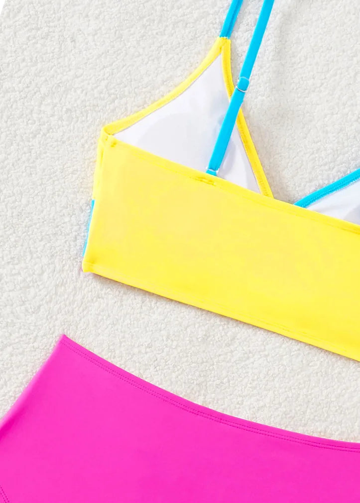 Women's Rose Red Patchwork High-Waist V-Neck Bikini Set - The Genie Store