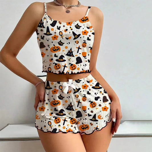 Halloween Pumpkin Print Pajama Set Womens Cute Ribbed Cami Crop Top and Shorts Two Piece Sleepwear Lettuce Hem Y2K Loungewear