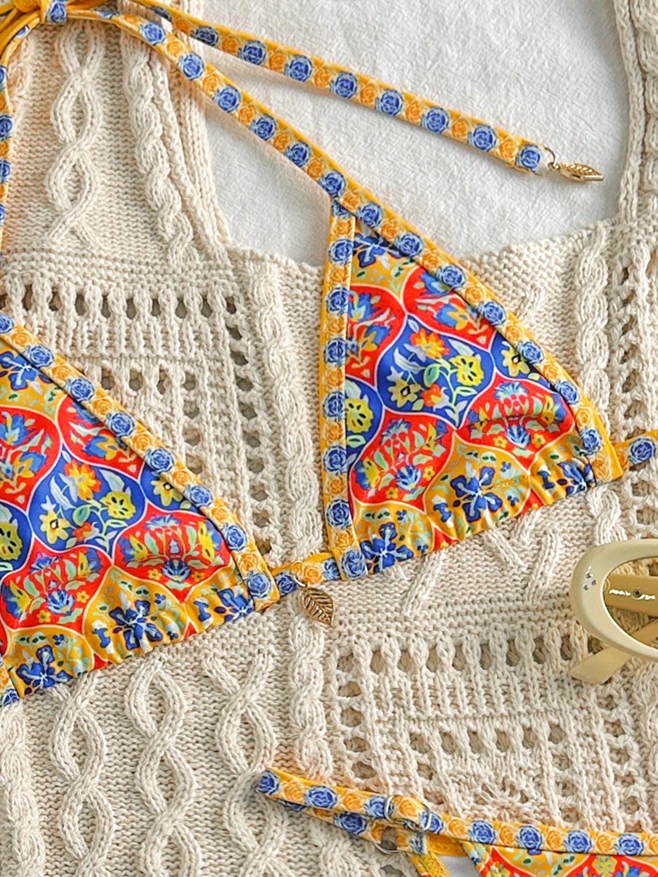 Women Yellow Bikini Set Retro Print 2 Piece Swimsuit 2025 New Triangle Halter Backless Thong Beach Swimwear Bathing Suit - The Genie Store