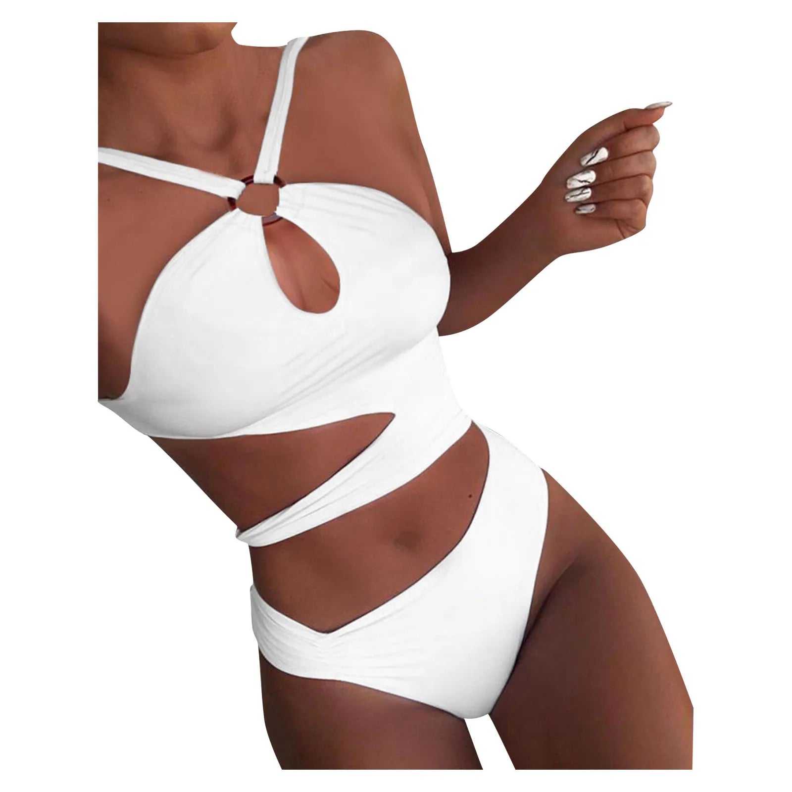 Sexy Halter Irregular Cutting Bikini Set Push-Up Bra Padded Swimsuit White Slim Beachwear High Leg Cut Loop Design Swimwear 수영복 - The Genie Store