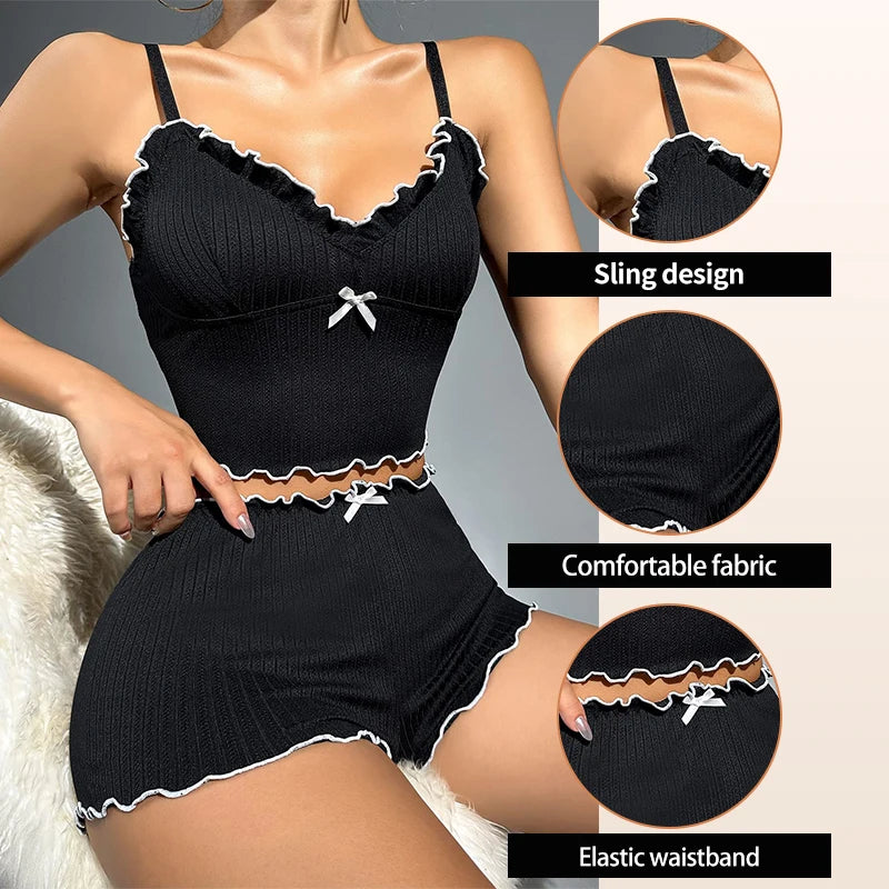 Ladies' Summer Two-Piece Ribbed Fabric Black V-Neck Camisole Crop Top and Shorts Sexy Casual Pajama Set - The Genie Store