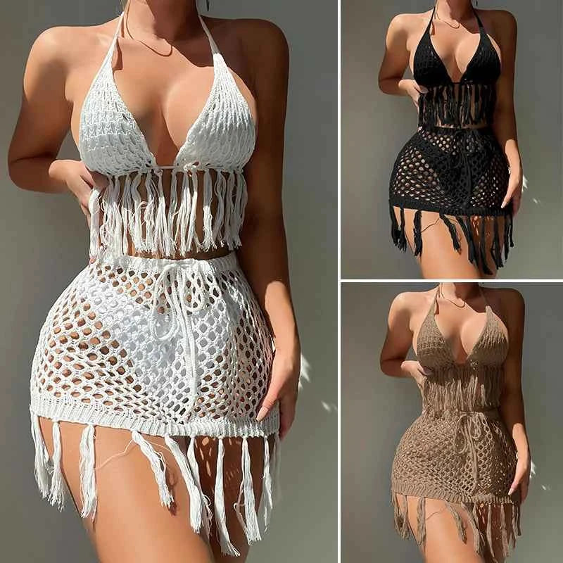 Two-piece Crochet Teens Women Sexy Bikini Cover Up Set Binding Rope Tassel Swimsuit Summer Holiday Knitting Beach Wear
