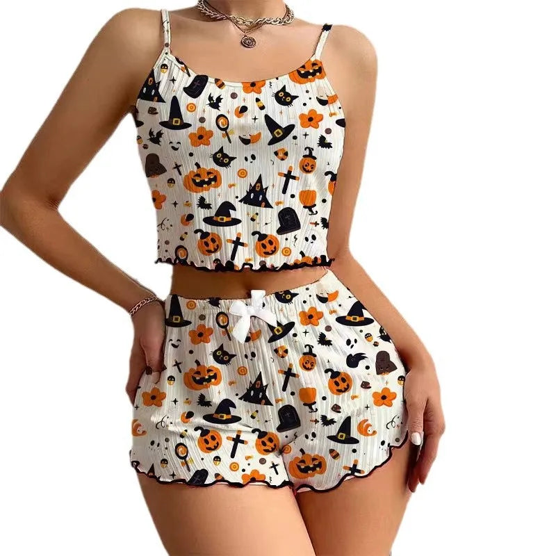 Halloween Pumpkin Print Pajama Set Womens Cute Ribbed Cami Crop Top and Shorts Two Piece Sleepwear Lettuce Hem Y2K Loungewear - The Genie Store
