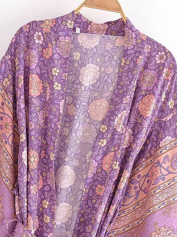 Vintage Chic Women Pink Floral Print Sashes Bohemian Kimono Ladies V Neck Batwing Sleeves Rayon Boho Robe Bikini Cover-ups - The Genie Store