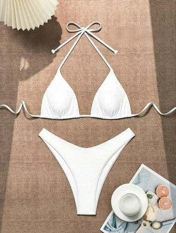 2025 Women White Bikini Chest Padded New Sexy Halter Bikini Two-Piece Set With Drawstring Straps Solid Brazilian Bathing Suit